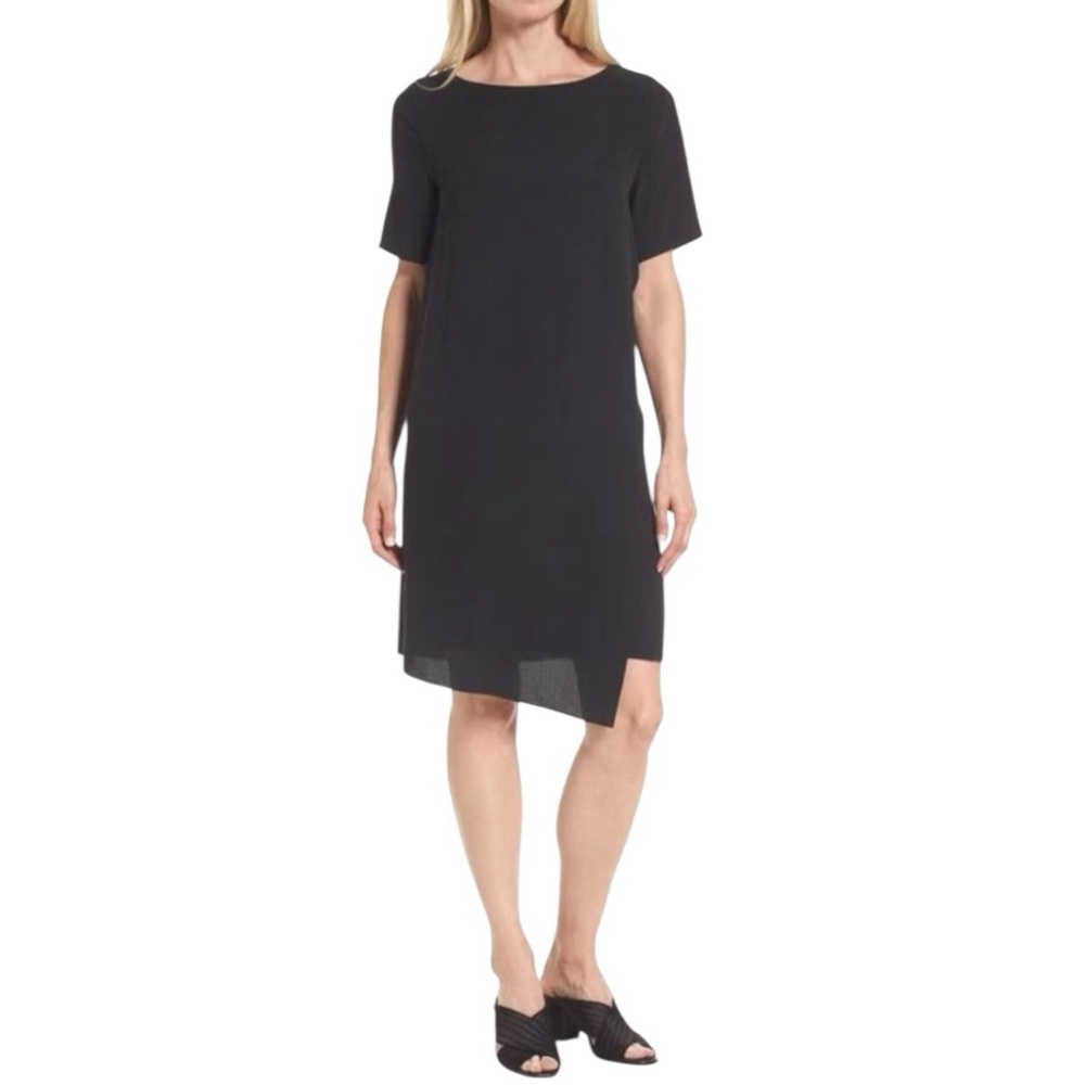 Eileen Fisher Asymmetrical Silk Shift Dress Black Large classic luxury career